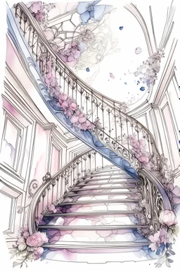 Watercolor sketch on a white background. Ink. Spiral staircase in the hall leading to the sky, pink and white hydrangeas, portraits, rococo interior, chandeliers, filigree, work of art, rich structures, elegance of lines, sparks, drapery, patterns, lavender accents, juicy, bright, sunny, hyperrealistic, top view, retro, monograms, diamond dust, ultradetalization, dots, RAW, ISO 100