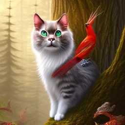 close up on almost invisible cat in a tree in magical forest,another red bird in the background, fantasy book cover art