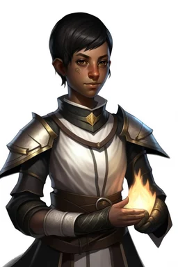 Female twilight cleric with black short hair and dark skin