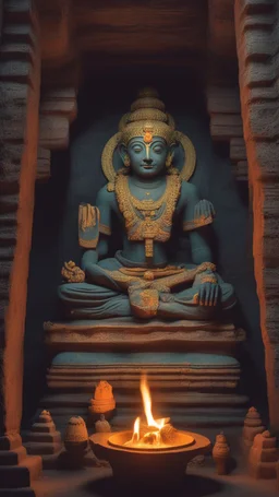 , An amazing temple with a great status all around in un underground dark cave