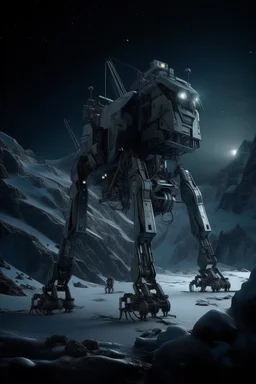 eight legged mechanical walker mech scaling the side of mout everest at night, it has a smooth surface, it has storage pods on its belly human can fit in the pods, it is covered with camera arrays