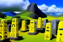 A yellow mountain with runestones designed in Moai statues painted by Victor Vasarely