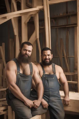 half figure shot photography of TWO ugly 34 year old stocky big chubby robust burly marocan carpenters close embraced, dirty,, wearing bulging overalls, shirtless, manly chest, serious, very virile, long beard, curly hair,, , in a sunny construction work area, photorealistic , photorealistic