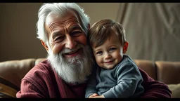 Elderly Grandfather and little child grandson happy together, exquisite composition, beautiful detailed intricate insanely detailed octane render trending on artstation, 8k artistic photography, photorealistic concept art, soft natural volumetric cinematic perfect light, chiaroscuro, award-winning photograph, masterpiece, raphael, caravaggio, Alma Tadema, Bouguereau