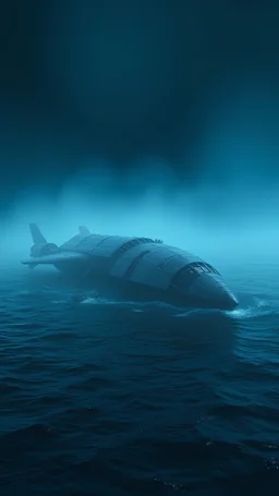 alien spaceship crashed in the ocean in a dark blue fog shattered to many parts half of the spaceship is in the water and the other is on the surface