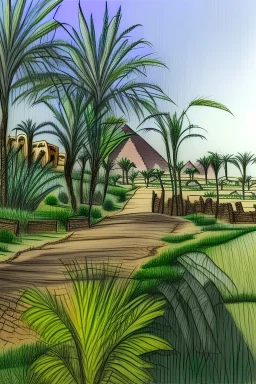 The drawing is devoid of characters. It is a drawing of the Egyptian countryside of the village of Hajj Khalil. It shows tall banana trees, with tall green grass next to them, then a path decorated on both sides with beautiful green grass with warm sunlight reflecting on it. The sky is turning purple and the sun is about to set. Make it an oil painting