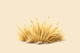 Isolated concept art of stylized alien dry grass on a plain neutral background. Simple low-poly design with minimal details, suitable for 3D modeling. The grass should look slightly alien — with unusual blade shapes, subtle color variations, and dry, brittle texture. Colors range from dusty yellow, ochre, muted green, and pale orange, blending naturally with desert or rocky terrain. No background, no shadows, clear separation of each grass clump, consistent lighting. Digital painting style