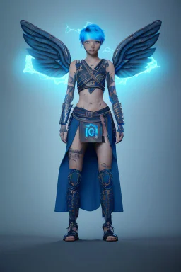 a person in runic armor with blue wings, blue short hair, runic tattoo and spell book