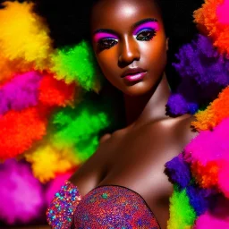 masterpiece, best quality, woman, dark skinned, sparkling eyes, fluorescent skin, colorful makeup, afro, highly detailed body, sun light, 4K, RAW, depth of field, high contrast, realistic details, 24mm