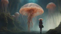 woman in an alien forest with an umbrella made from a jellyfish, photorealistic, Detailed Matte Painting, Deep Colour, Fantastical, Intricate Detail, sunshine, blue sky