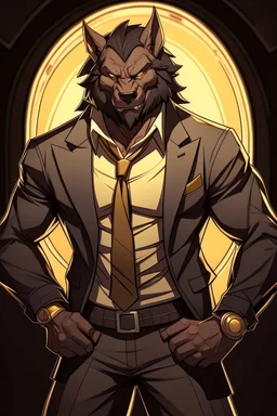 Buff, anthro, wolf, himbo, black fur, gold eyes, wearing a suit, full-body, muscles, strong, muscular, man boobs, bulky, tail, dark fur, smug grin, hands on hips, furry-himbo, broad shoulders, wide hips, big chest, big muscles,