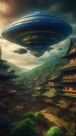 "UFO “ flying over a cyberpunk medieval village - ultra high quality, sharp focus, focused, high focus, very sharp, high definition, extremely detailed, hyperrealistic, intricate, fantastic view, very attractive, fantasy, imperial colors, colorful