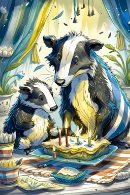 (fairy tale badger adult and little badger junior, animal by Monge)) an insanely beautiful smiling badger, extremely fine detailed fluffy fur, shining smiling eyes very well shabby chick dressed is baking a birthday cake with many light candles together with the smiling little badger, fine detailed fluffy fur, shining eyes shabby chick dressed in his kitchen with many pots: Background kitchen as in a cave, anatomically correct, flawless, full body shot, complete figure, by Monge, by Potter, by D
