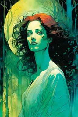 create a wildly conceptual closeup full body print illustration of a female Oracle with finely detailed hair and feminine facial features, in an ethereal, otherworldly ,ancient Spring forest , in the comic book art style of Bill Sienkiewicz, Mike Mignola, and Jean Giraud Moebius, finely textured, drawn, colored, and inked, suffused with dramatic natural light and shadow of sunset