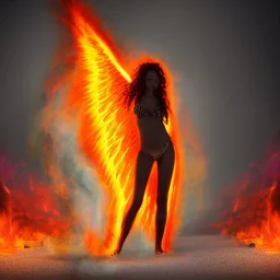 woman made of fire, fire angel, full body portrait, long flowing hair, only wearing bikini made of fire, highly detailed, real life photo, photo quality, extremely detailed, high quality, standing in fire, highly detailed, lots of fire around, fire background