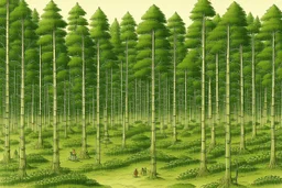 An olive green forest with tribal huts painted by Hashimoto Gaho