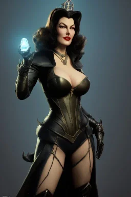 Ava Gardner as evil queen in black leather, busty, cleavage, curvy, angry, stern look. character design by cory loftis, fenghua zhong, ryohei hase, ismail inceoglu and ruan jia. unreal engine 5, artistic lighting, highly detailed, photorealistic, fantasy