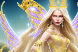 beautiful, very soft, smiling, very straight and long blonde hair, dewy and shiny vibe, diamond crown, long fairy wings in the back, full head, golden veil clothes, smiling, bachground light pink and blue