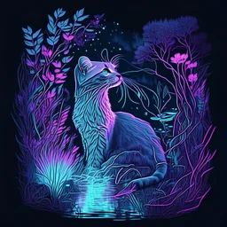 majestic half otter half cat , magnificent fairy forest, atmospheric lighting, blue, pink, purple, mint green, black, fine line drawing