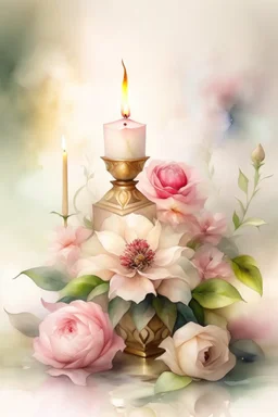 MAGIC A PYRAMID CANDLE IS BURNING AROUND WONDERFUL FLOWERS English watercolor, Smoky cream, pale gray, pale pink, pink background. bright light, a bouquet of roses on the table are pale pink, pale bordeaux, white, ochre. green stems, the light is translucent. Watercolor, fine ink drawing, peonies in an hourglass, elegant gold inlay, rich interior