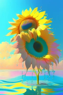 Morning, sunshine, light blue color, clear sky, bright sea, sunflower, pink, yellow, orange, green, rain