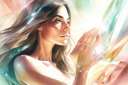 closeup, inside of a huge diamond a beautiful brunette woman dancing happily and dynamically, the diamond is in the opened palm of God, S<AI in sunshine, ethereal, cinematic postprocessing, shiny metallic pastel watercolor