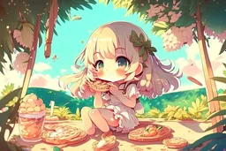 cute chibi girl eating in the paradise