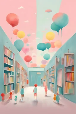 An art piece inspired by the book \'a lot of children in kids book store\' by Oliver Jeffers. Use Oliver Jeffers style with colorfull style, minimal solace, pastel painting.