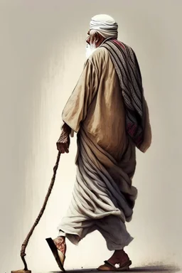 An old man wearing an Arabic keffiyeh, his back bent, walking barefoot, holding his cane upside down, looking back and holding his shoe in his hand.