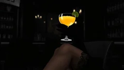 gray-toned, contrasting graphics, a lady in a black casual dress, black lace nice nylon stockings sitting on a bar chair in bar, holding a yellow mimosa cocktail in her long black gloved hand, atmospheric, strong contrasts, shadowy background, focus on the hand holding the cocktail, moody, pale ligts, anime style, cinematic