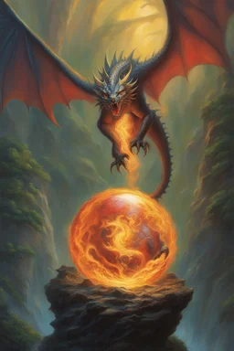 magic orb dripping with dragon fire. identical wings. fantasy setting. concept art, intricately detailed, color depth, dramatic, colorful background. painted by Jeff Easley