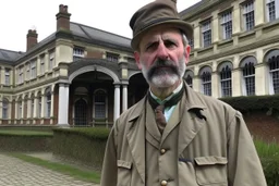 ww1 doctor talking close-up standing up looking to the camera, ww1 mansion infirmary background