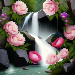 A waterfall with peonies and stones all around not only bright to remove