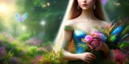 bright fairy, beautiful portrait, flowery landscape