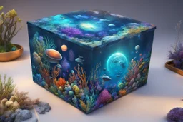 hyperrealistic, 4k, box for storing things with beautiful drawings a lot of colours, very detailed, subnautica, sea plants, planets space, galaxies,