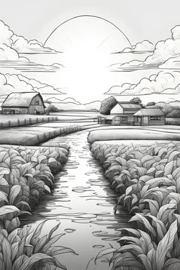 portrait of a farm with water and sun in the sky only use clear line art white background no shadows only use outline full image sketch style