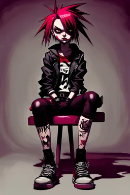 Punk girl, sit pose, darkred tones, style Invader Zim,