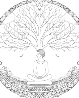 coloring page: An illustration of a person sitting in a calm and serene environment, with the Tree of Life mandala coloring book open in front of them. —c 10 —ar 2:3