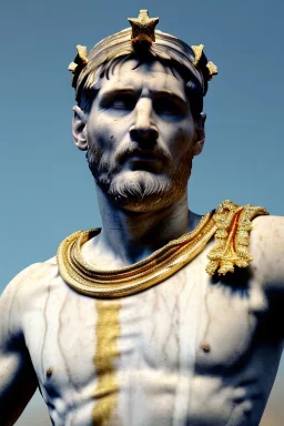 Realistic image, Roman sculpture made in white marble with gold veins, Lionel messi with gold laurel leaves crown, decorative star on the chest, waist up portrait,marble material, gold ornaments, Renaissance style, sun rays background, epic, celestial, cinematic lighting, God lights, 4k resolution, smooth details, soft lighting, unreal engine 5, art station, substance 3d.