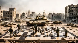 Israeli soldiers and tanks stand on a very large chessboard in the middle of a destroyed city