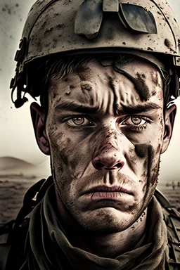 A poignant portrait of a war-weary soldier, their face etched with the weight of their experiences, as they stand against the backdrop of a battle-scarred landscape.