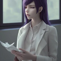 Anime, female student studying by the window,perfect face, cool face, ultra detail, unreal engine 5, cinema4d, sun light, studio lighting --ar 1:1 --v 4