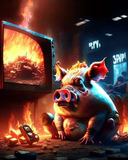 fire font realistic gamer pig watching movie about mushrooms cinema in the background