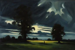 Trees, night, clouds, one person, 2000's sci-fi movies influence, alfred munnings impressionism painting