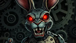 Detailed clockwork bunny with sharp metal teeth, glowing red eyes, and a sinister grin. Clockpunk style illustration, dark shadows and intricate gears in the background, by Dave Rapoza or Alex Ross. (Long shot), high contrast lighting to create a sense of foreboding and danger.