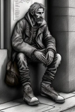 One single mature homeless eagle with worn out clothes, sitting in a corner on the street, guitar standing on the left side, Vienna, mourning, model style, hyper realistic, extremely accurate, delicate, extremely detailed, Graphic novel style, wide-angle, open aperture, superfine pencil