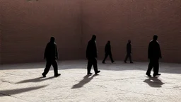 Detail of the prison courtyard: shadowy figures marching in a textured brick environment.