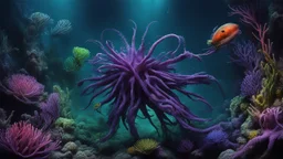 animals creatures, plants from subanautica from deep sea, leviathan's a lot of sea plants very deep, beautiful, river of magma, green and blue, dark purple