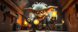 air brush 3d with pen outline,spaghetti boss gunslinger western fluffy elder gremlin edgy hero with glowing eyes, shallow depth of field, warm lantern, pin hole cam in doll house space ship, bottom floor board edge border