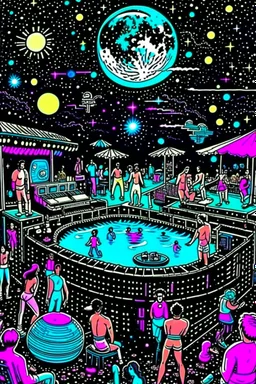 techno rave party in 80's with dj and swimming pool on the moon full